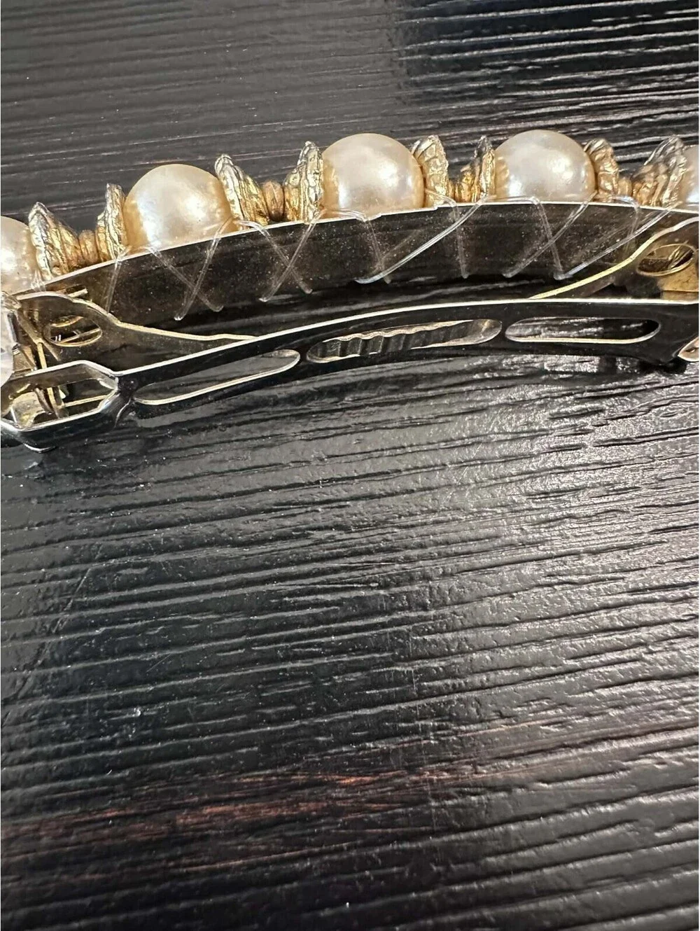 Vintage Faux Pearl Gold Tone Barrette White Beaded Hair Clip Gold Spacers EUC